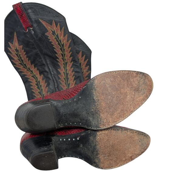 Larry Mahan Western Boots Womens 8.5B Python Snakeskin Red Color Block Rodeo - Picture 2 of 12